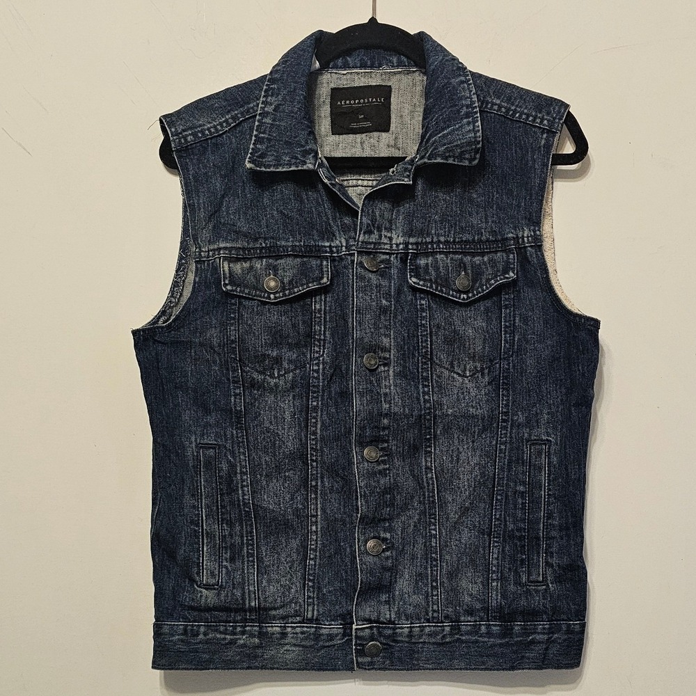 Aeropostale Mens Dark Wash Denim Trucker Vest Small Sleeveless Jacket JT4